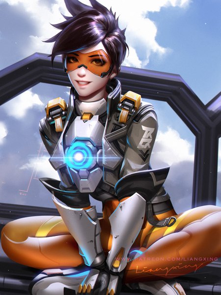 Anime picture 900x1200 with overwatch blizzard entertainment tracer (overwatch) liang xing single tall image looking at viewer fringe short hair black hair smile sitting brown eyes signed sky cloud (clouds) bent knee (knees) lips realistic grin