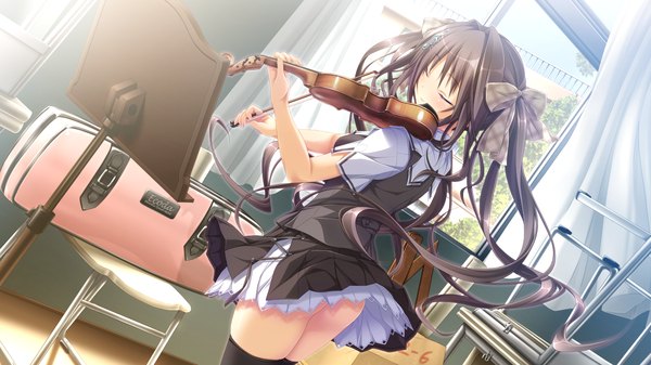 Anime picture 1280x720 with chrono clock andou misaki koku single long hair light erotic brown hair wide image twintails game cg ass eyes closed playing instrument girl thighhighs uniform bow black thighhighs hair bow school uniform