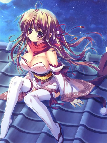 Anime picture 2354x3132 with steal my heart momochi aeka izumi tsubasu long hair tall image highres breasts light erotic red eyes brown hair large breasts cleavage ahoge night girl thighhighs ribbon (ribbons) detached sleeves white thighhighs roof