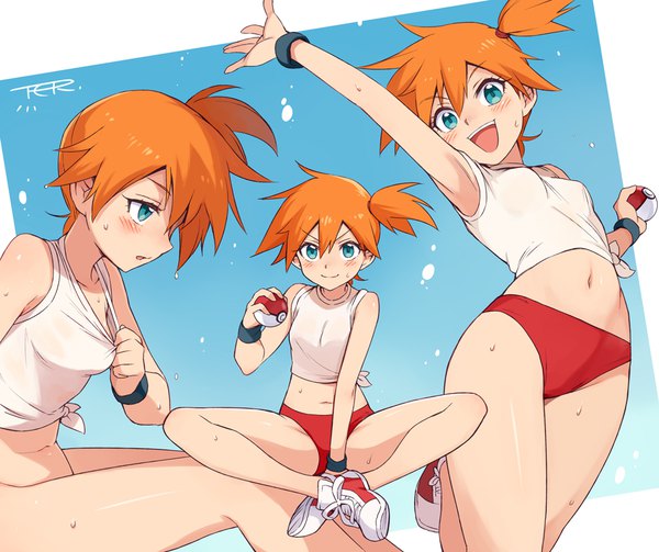 Anime-Bild 960x805 mit pokemon nintendo misty (pokemon) toku (ke7416613) looking at viewer blush fringe short hair open mouth light erotic smile hair between eyes sitting holding signed :d profile arm up aqua eyes orange hair