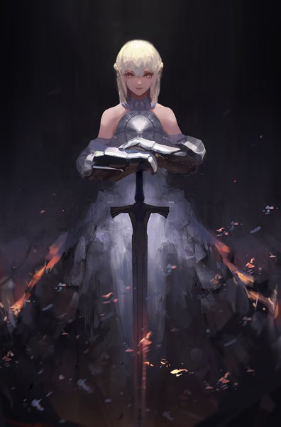 Anime picture 1292x1958 with fate (series) fate/grand order artoria pendragon (all) saber aenrs single tall image looking at viewer fringe short hair blonde hair simple background hair between eyes standing bare shoulders grey eyes black background hands clasped girl dress