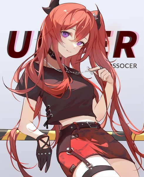 Anime picture 1182x1446 with arknights surtr (arknights) surtr (liberte echec) (arknights) yiyizi single long hair tall image looking at viewer fringe hair between eyes purple eyes holding red hair horn (horns) one side up official alternate costume girl skirt miniskirt choker