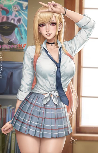 Anime picture 824x1280 with sono bisque doll wa koi wo suru cloverworks kitagawa marin black lobelia sciamano240 single long hair tall image looking at viewer fringe blonde hair standing signed indoors blunt bangs nail polish parted lips pleated skirt pink eyes arm up