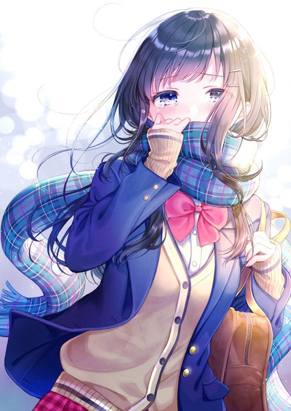 Anime picture 752x1062 with original kashiwabara en single long hair tall image looking at viewer blush fringe blue eyes black hair standing blunt bangs long sleeves arm up open clothes tears sleeves past wrists covered mouth crying girl