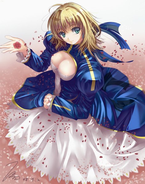Anime picture 1006x1280 with fate (series) fate/stay night studio deen type-moon artoria pendragon (all) saber miyazaki byou single long hair tall image breasts light erotic blonde hair green eyes signed cleavage girl dress flower (flowers) petals