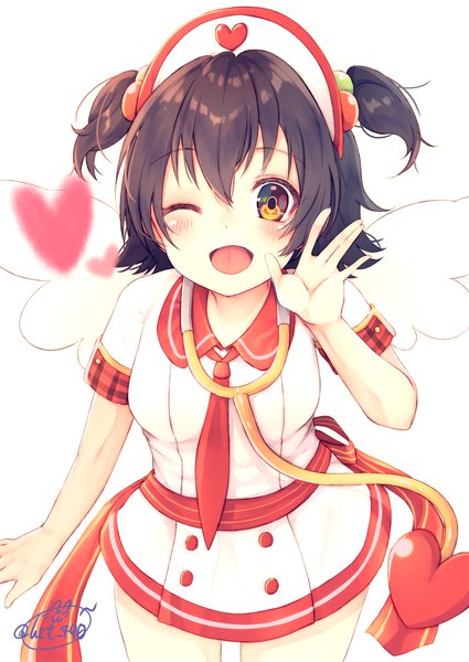 Anime picture 1417x2000 with idolmaster idolmaster cinderella girls akagi miria chita (ketchup) single tall image looking at viewer blush fringe short hair open mouth black hair hair between eyes white background brown eyes signed one eye closed wink two side up angel wings