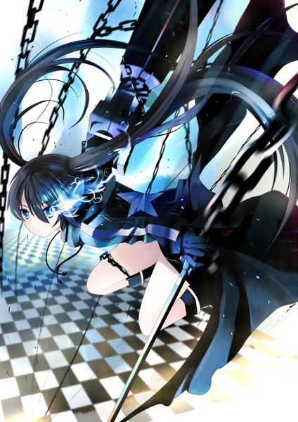 Anime picture 1060x1500 with black rock shooter black rock shooter (character) xephonia single long hair tall image blue eyes black hair twintails glowing light glowing eye (eyes) checkered floor girl gloves gun chain cloak