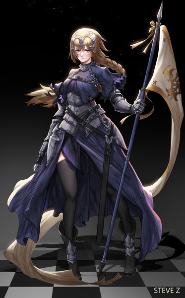 Anime picture 2873x4621 with fate (series) fate/apocrypha jeanne d'arc (fate) (all) jeanne d'arc (fate) steve zheng single long hair tall image looking at viewer blush fringe highres blue eyes blonde hair hair between eyes holding signed cleavage full body braid (braids)