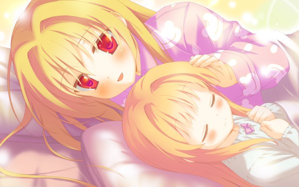 Anime picture 2048x1280 with irotoridori no sekai nikaidou shinku shida kazuhiro long hair blush highres blonde hair red eyes wide image game cg loli sleeping girl child (children) pajamas