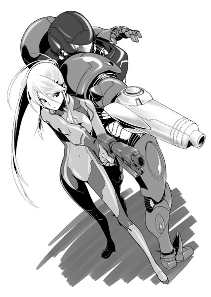 Anime picture 4299x6071 with metroid samus aran 6j-k-en1223 long hair tall image fringe highres simple background hair between eyes standing white background looking away absurdres ponytail shadow covered navel monochrome girl weapon armor