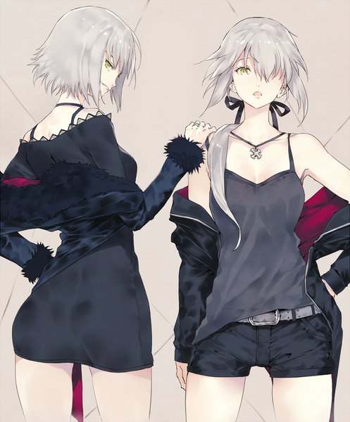 Anime picture 1200x1448 with fate (series) fate/grand order fate/stay night fate/apocrypha artoria pendragon (all) jeanne d'arc (fate) (all) jeanne d'arc alter (fate) saber alter tokopi long hair tall image looking at viewer fringe short hair simple background smile multiple girls yellow eyes ponytail parted lips