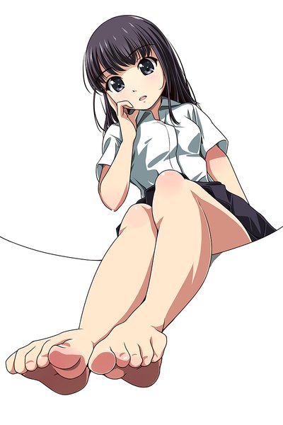 Anime picture 800x1200 with original matsunaga kouyou single long hair tall image looking at viewer open mouth black hair simple background white background barefoot black eyes bare legs girl skirt uniform school uniform shirt