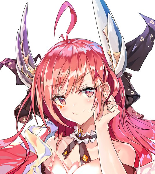 Anime picture 3130x3508 with date a live itsuka kotori yushi quetzalli single long hair tall image looking at viewer blush highres simple background smile red eyes white background absurdres upper body ahoge red hair horn (horns) adjusting hair girl