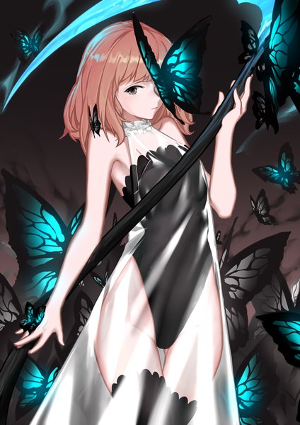 Anime-Bild 2480x3508 mit forever 7th capital yumi (forever 7th capital) wu lun wujin single long hair tall image looking at viewer fringe highres light erotic brown hair standing bare shoulders holding brown eyes blunt bangs thigh gap ass visible through thighs dark background covering eye (eyes)