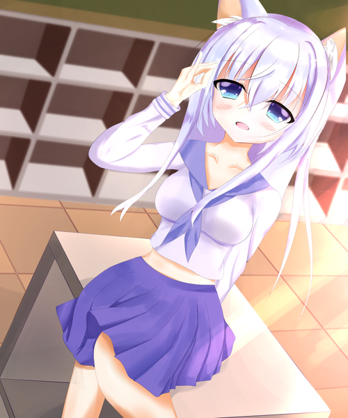 Anime picture 724x868 with original yosshy192 single long hair tall image looking at viewer blush fringe breasts open mouth blue eyes smile hair between eyes animal ears silver hair bent knee (knees) indoors pleated skirt arm up sunlight