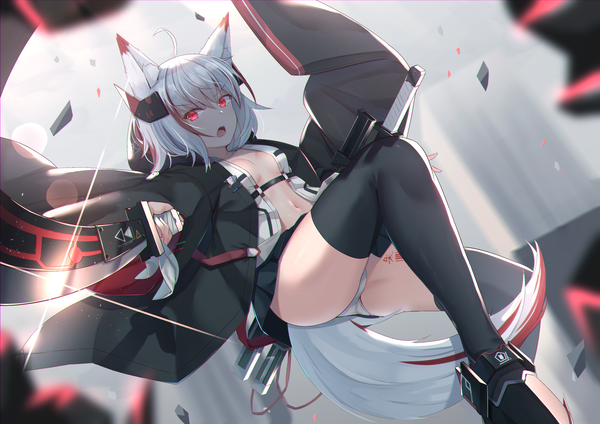 Anime picture 2339x1654 with original f (milfaaaaa) single looking at viewer fringe highres short hair breasts open mouth light erotic hair between eyes red eyes holding animal ears silver hair bent knee (knees) red hair tail animal tail multicolored hair