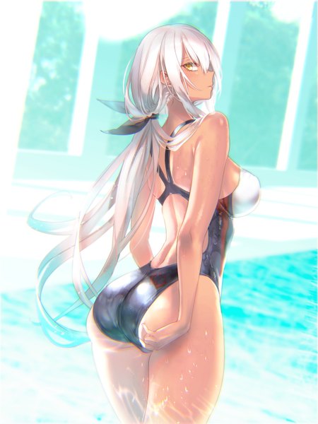 Anime picture 2400x3200 with girls frontline m590 (girls frontline) pottsness single long hair tall image looking at viewer blush fringe highres breasts light erotic hair between eyes standing yellow eyes payot ass white hair profile looking back