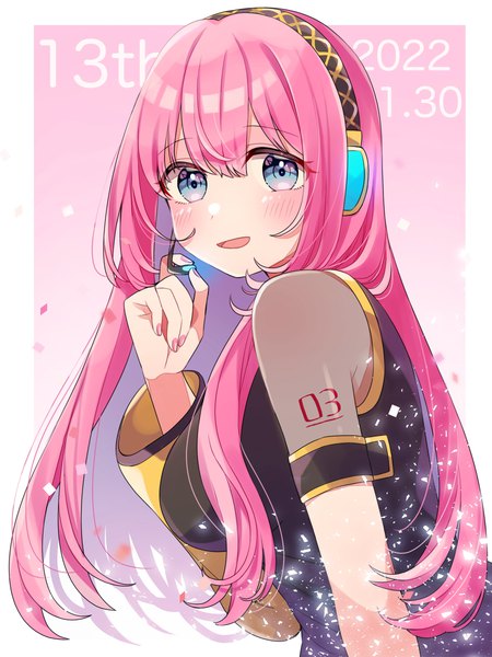 Anime picture 1800x2400 with vocaloid megurine luka edamameko single long hair tall image fringe highres blue eyes hair between eyes pink hair upper body multicolored hair border dated pink background colored inner hair girl headphones headset