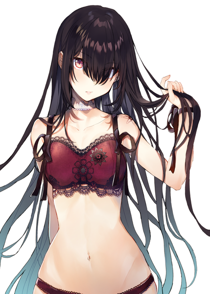 Anime picture 681x953 with original hakuishi aoi single tall image looking at viewer blush fringe breasts light erotic simple background red eyes brown hair standing white background bare shoulders payot very long hair hair over one eye underwear only gradient hair
