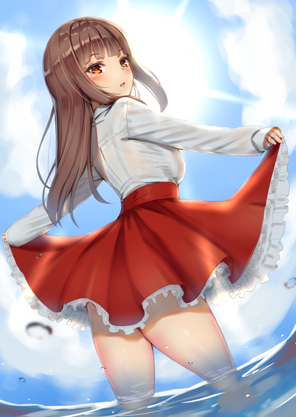 Anime picture 1025x1445 with original reinama single long hair tall image looking at viewer blush fringe light erotic red eyes brown hair standing payot sky cloud (clouds) blunt bangs looking back from behind sunlight open clothes