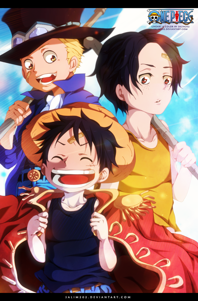 Anime picture 835x1268 with one piece toei animation monkey d. luffy portgas d. ace sabo (one piece) salim202 tall image short hair open mouth black hair blonde hair smile red eyes yellow eyes sky cloud (clouds) eyes closed inscription multiple boys coloring
