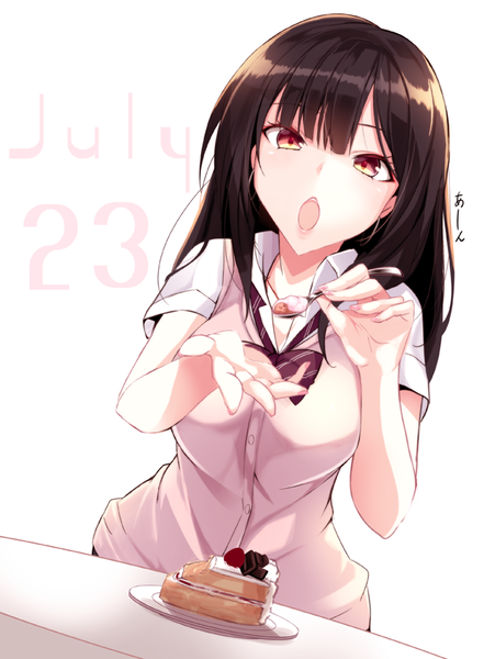 Anime picture 600x815 with original haruka natsuki single long hair tall image looking at viewer fringe breasts open mouth black hair simple background large breasts white background holding brown eyes yellow eyes outstretched arm open collar multicolored eyes girl