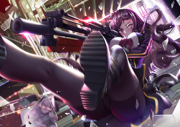 Anime picture 1637x1158 with girls frontline wa2000 (girls frontline) destroyer (girls frontline) hasaya single long hair blush fringe breasts light erotic red eyes looking away purple hair bent knee (knees) one eye closed floating hair city reflection upskirt falling