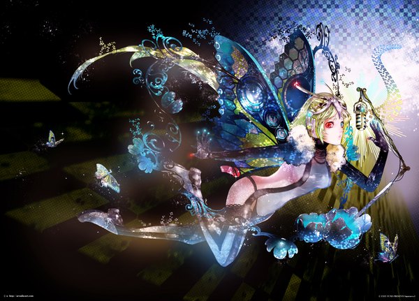 Anime picture 2166x1556 with original vocaloid supernova yuu (arcadia) highres light erotic blonde hair heterochromia insect wings butterfly wings girl thighhighs gloves wings elbow gloves boots headphones insect butterfly thigh boots