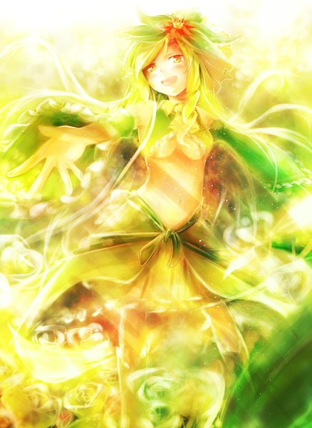 Anime picture 2022x2767 with pokemon nintendo lilligant dennryuurai single long hair tall image blush highres open mouth blonde hair smile yellow eyes hair flower midriff light gen 5 pokemon girl navel hair ornament