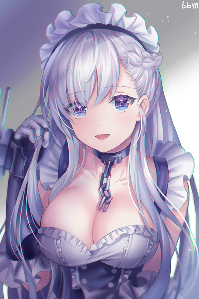 Anime picture 1400x2100 with azur lane belfast (azur lane) blue blood moon single long hair tall image looking at viewer blush fringe breasts open mouth blue eyes light erotic smile hair between eyes large breasts holding signed cleavage silver hair