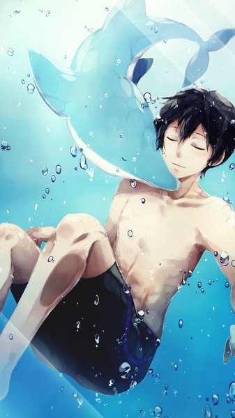 Anime picture 1200x2133 with free! kyoto animation nanase haruka (free!) mukkun tall image short hair black hair eyes closed underwater shirtless boy animal bubble (bubbles) dolphin