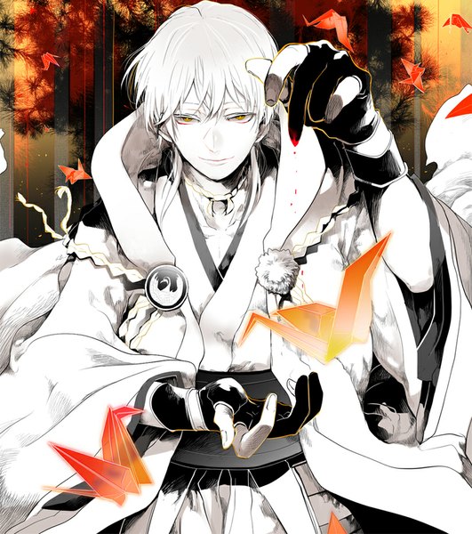 Anime picture 824x930 with touken ranbu nitroplus tsurumaru kuninaga noppo single long hair tall image looking at viewer yellow eyes white hair traditional clothes japanese clothes lips wide sleeves white skin boy hood blood obi partly fingerless gloves