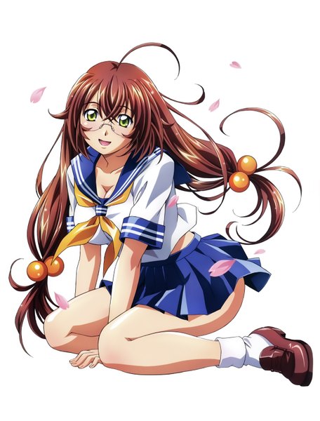 Anime picture 4832x6361 with ikkitousen ryuubi gentoku long hair tall image blush highres open mouth light erotic simple background smile hair between eyes brown hair white background green eyes absurdres ahoge scan official art girl uniform