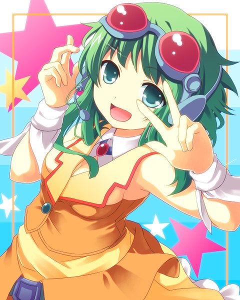 Anime picture 1200x1500 with vocaloid gumi single tall image short hair open mouth simple background smile green eyes green hair border blue background frilled dress goggles on head girl dress frills headphones star (symbol) star (stars)