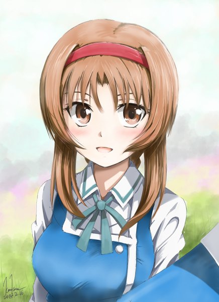 Anime picture 1100x1514 with d-frag! brains base (studio) takao (d-frag!) kem kem single long hair tall image looking at viewer blush open mouth brown hair brown eyes signed girl uniform school uniform hairband