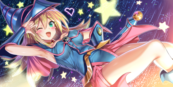 Anime picture 1500x762 with yu-gi-oh! dark magician girl arudehido single long hair looking at viewer blush fringe breasts open mouth blonde hair hair between eyes wide image cleavage bent knee (knees) :d one eye closed arm up aqua eyes wink