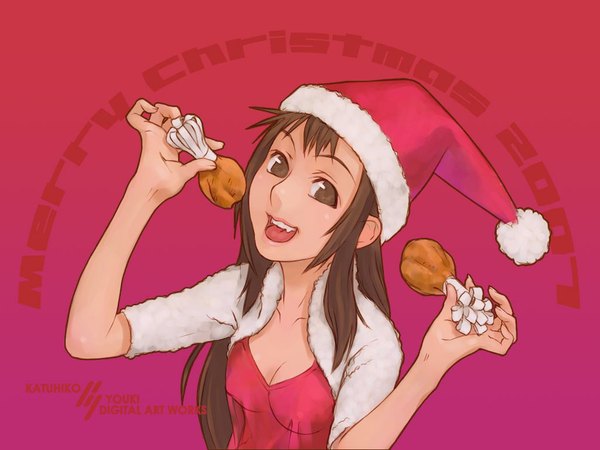 Anime picture 1024x768 with original yuuki katsuhiko single brown hair brown eyes christmas girl santa claus costume