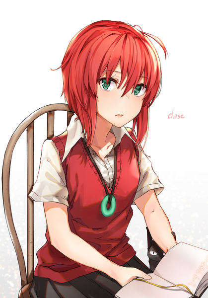 Anime picture 1407x2013 with mahou tsukai no yome wit studio hatori chise black cola single tall image looking at viewer fringe short hair open mouth simple background hair between eyes white background sitting green eyes ahoge red hair character names open collar girl
