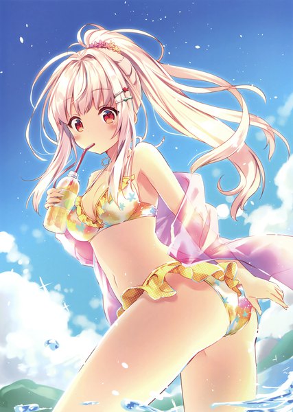 Anime-Bild 2494x3500 mit original riichu single long hair tall image looking at viewer blush highres light erotic red eyes bare shoulders payot pink hair sky cloud (clouds) ass ponytail scan drinking girl
