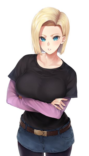 Anime picture 1971x3459 with dragon ball dragon ball z android 18 khanka shui single tall image looking at viewer blush fringe highres short hair breasts blue eyes blonde hair simple background large breasts standing white background long sleeves parted lips