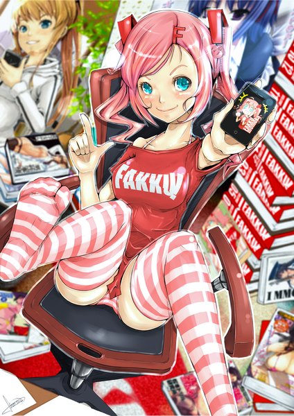 Anime picture 1240x1754 with original firecel single long hair tall image looking at viewer blush blue eyes light erotic smile sitting pink hair legs pantyshot sitting girl thighhighs hair ornament striped thighhighs iphone