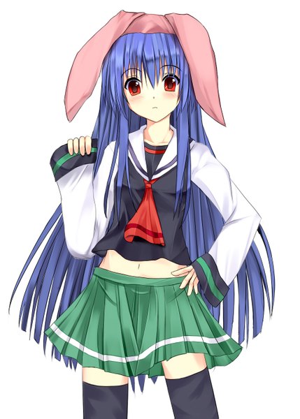 Anime picture 1023x1431 with original niboss single long hair tall image simple background red eyes white background blue hair bunny ears zettai ryouiki girl thighhighs skirt navel black thighhighs miniskirt