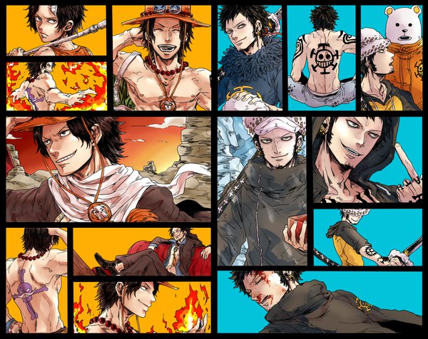 Anime picture 1442x1145 with one piece toei animation portgas d. ace trafalgar law bepo shuttahellup looking at viewer short hair open mouth black hair simple background smile sitting holding looking away upper body eyes closed profile looking back arm up