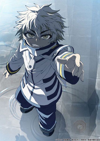 Anime picture 569x800 with medaka box gainax myouri unzen single tall image looking at viewer fringe short hair smile hair between eyes from above inscription wide sleeves official art teeth shadow reflection eyebrows outstretched hand spiked hair