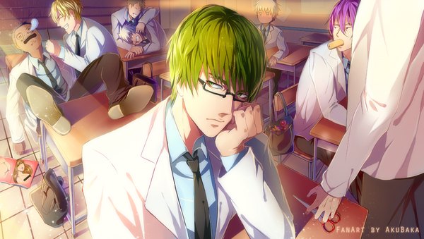 Anime picture 1000x566 with kuroko no basket production i.g kuroko tetsuya kise ryouta aomine daiki midorima shintarou murasakibara atsushi akubaka short hair open mouth blue eyes blonde hair smile wide image holding green eyes blue hair purple hair eyes closed pink eyes