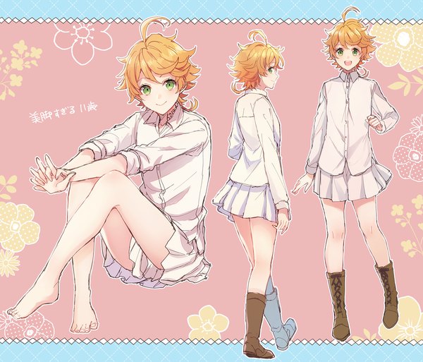 Anime picture 1100x942 with yakusoku no neverland cloverworks emma (yakusoku no neverland) shidomura looking at viewer short hair smile green eyes full body ahoge pleated skirt barefoot orange hair pink background multiview girl skirt uniform miniskirt knee boots