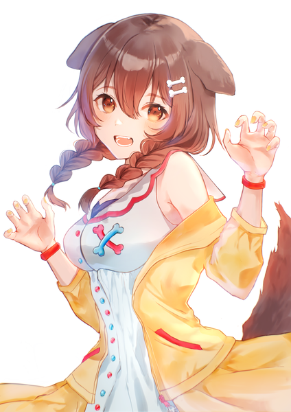 Anime picture 2480x3508 with virtual youtuber hololive inugami korone nagi (pickles pipipi) single long hair tall image looking at viewer fringe highres open mouth simple background hair between eyes brown hair white background brown eyes animal ears tail braid (braids) :d