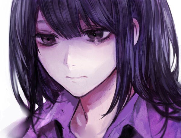 イラスト 1000x768 と オリジナル tcb (pixiv) ソロ 長髪 前髪 purple hair black eyes looking down open collar sad 女の子 涙滴