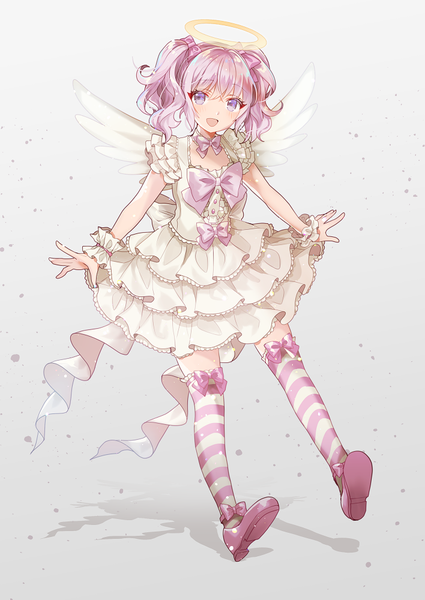 Anime-Bild 708x1000 mit original shione (memento forest) single tall image looking at viewer short hair open mouth simple background purple eyes twintails purple hair full body :d grey background shadow short twintails frilled dress angel wings angel girl