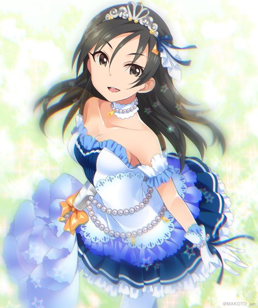 Anime picture 840x1000 with idolmaster idolmaster cinderella girls idolmaster cinderella girls starlight stage trainer (idolmaster) mizuki makoto single long hair tall image looking at viewer open mouth black hair black eyes starry sky bright girl dress gloves frills white gloves tiara